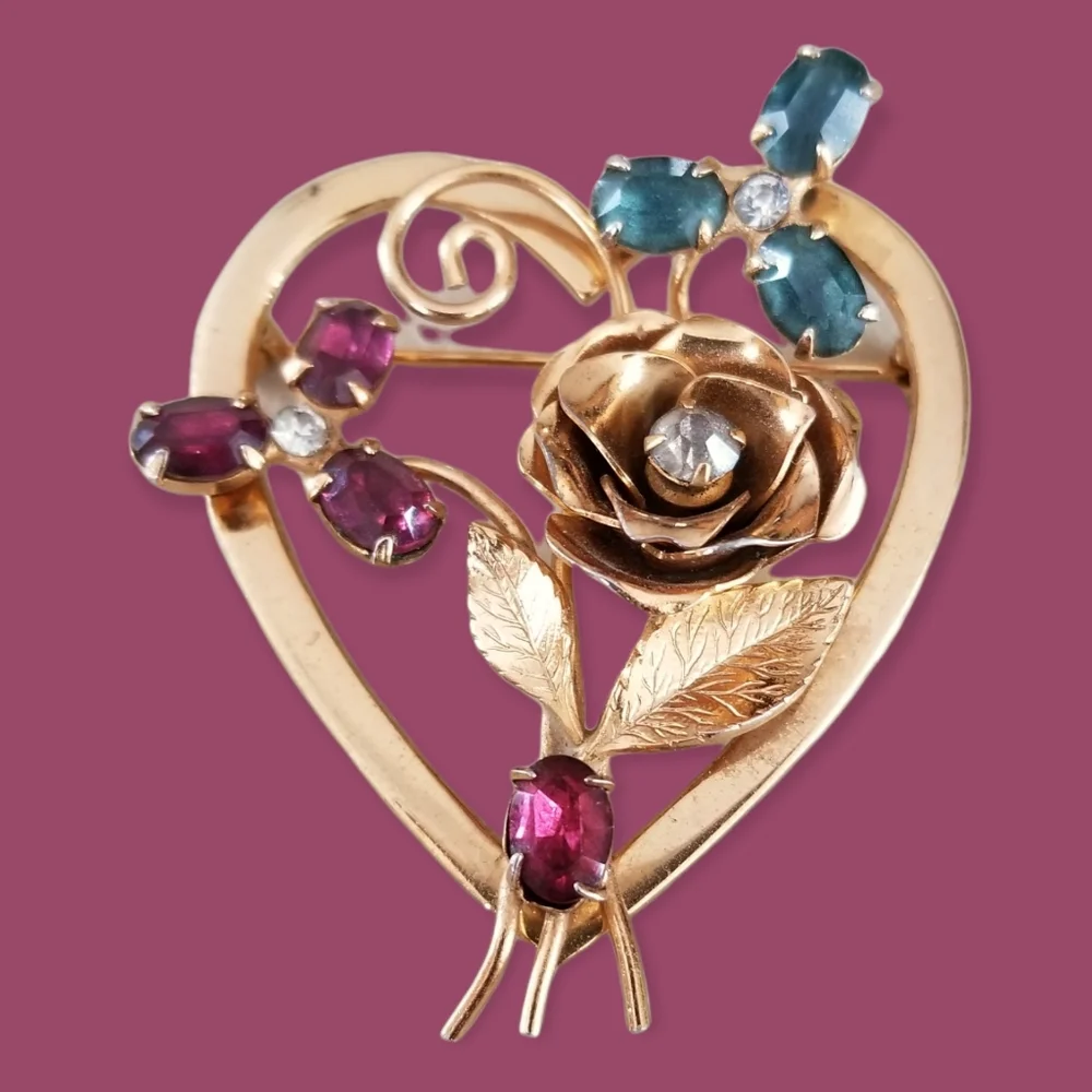 Vintage Signed Coro Gold Tone Heart Brooch Ruby Sapphire Rhinestone